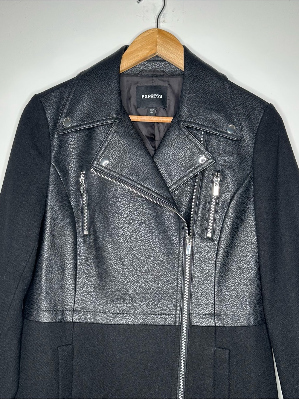 Express NEW! Black Wool Blend Faux Leather Moto Longline Jacket Coat Small - Picture 4 of 10